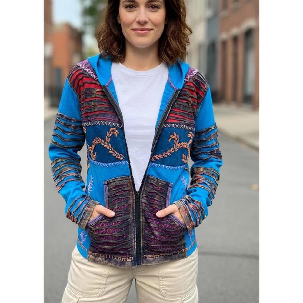 Women's India Boutique NWT Blue Patchwork Zip-Up Hoodie with Embroidered Details